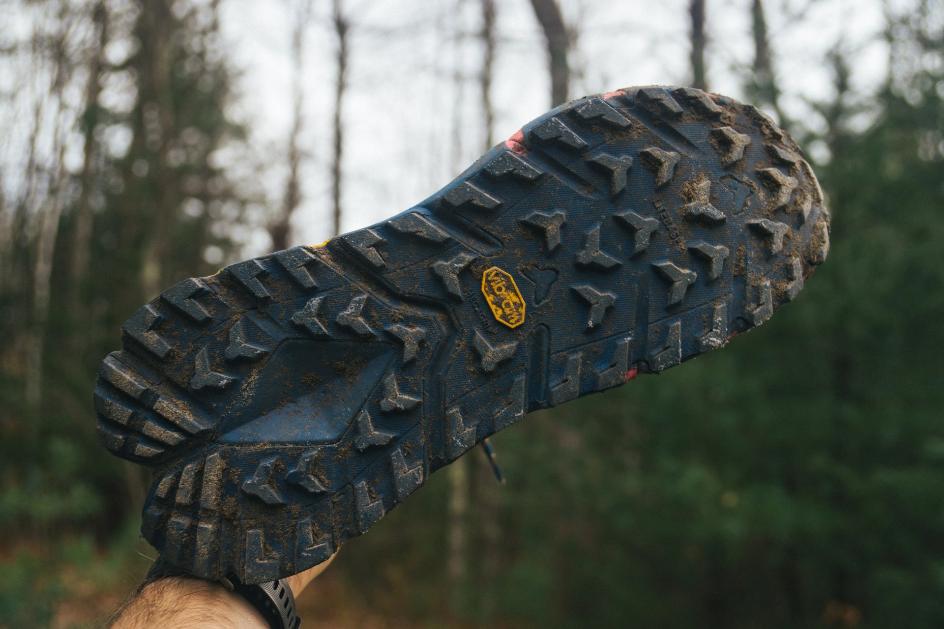 the bottom of a blue hiking boot