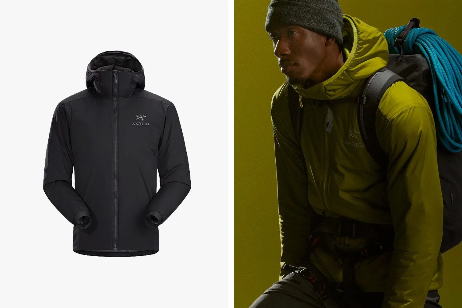 a man wearing a green insulated jacket