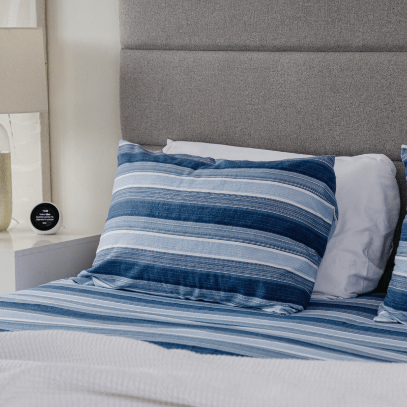 blue and white striped pillowcase