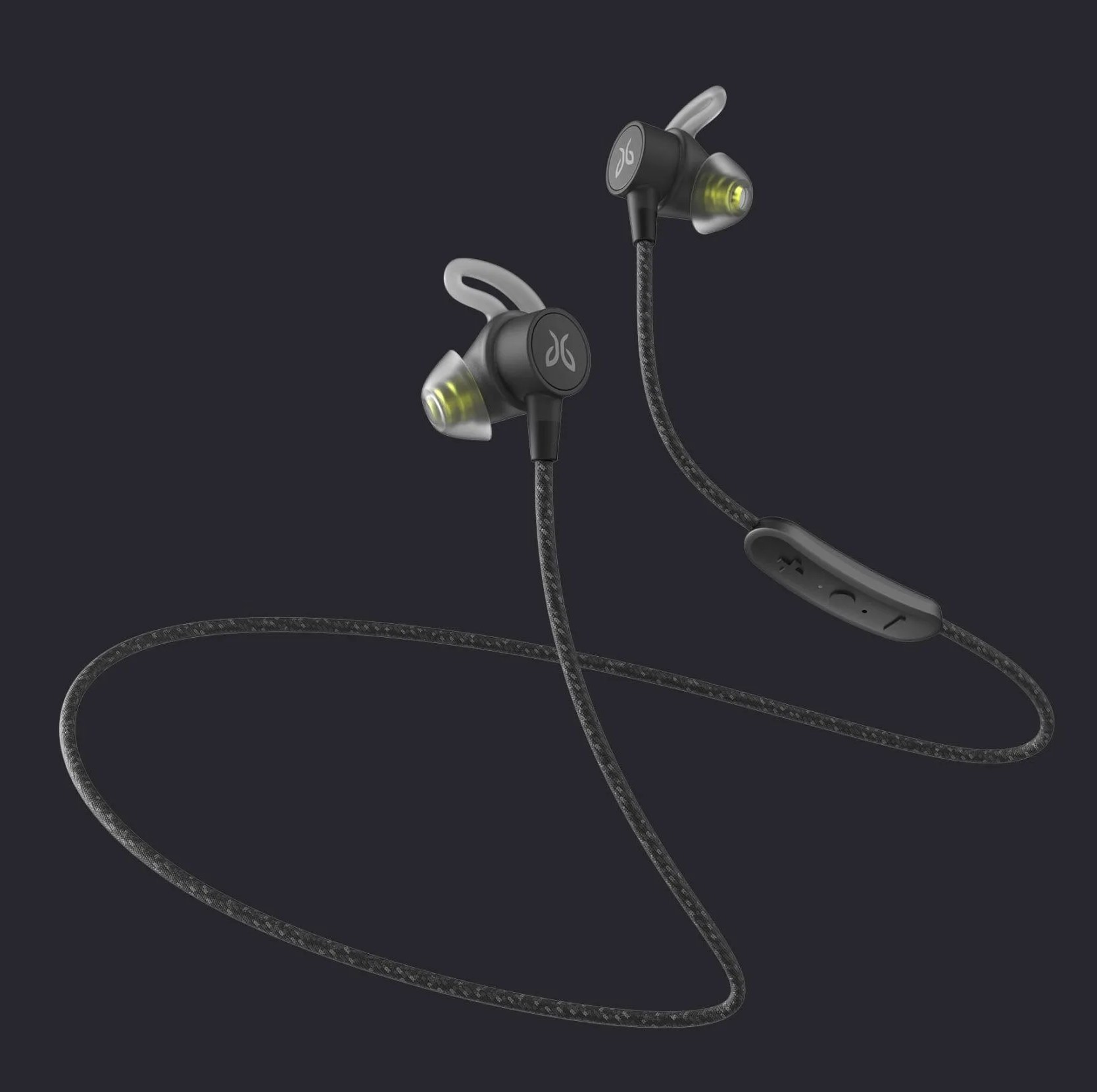 a pair of black wireless earbuds
