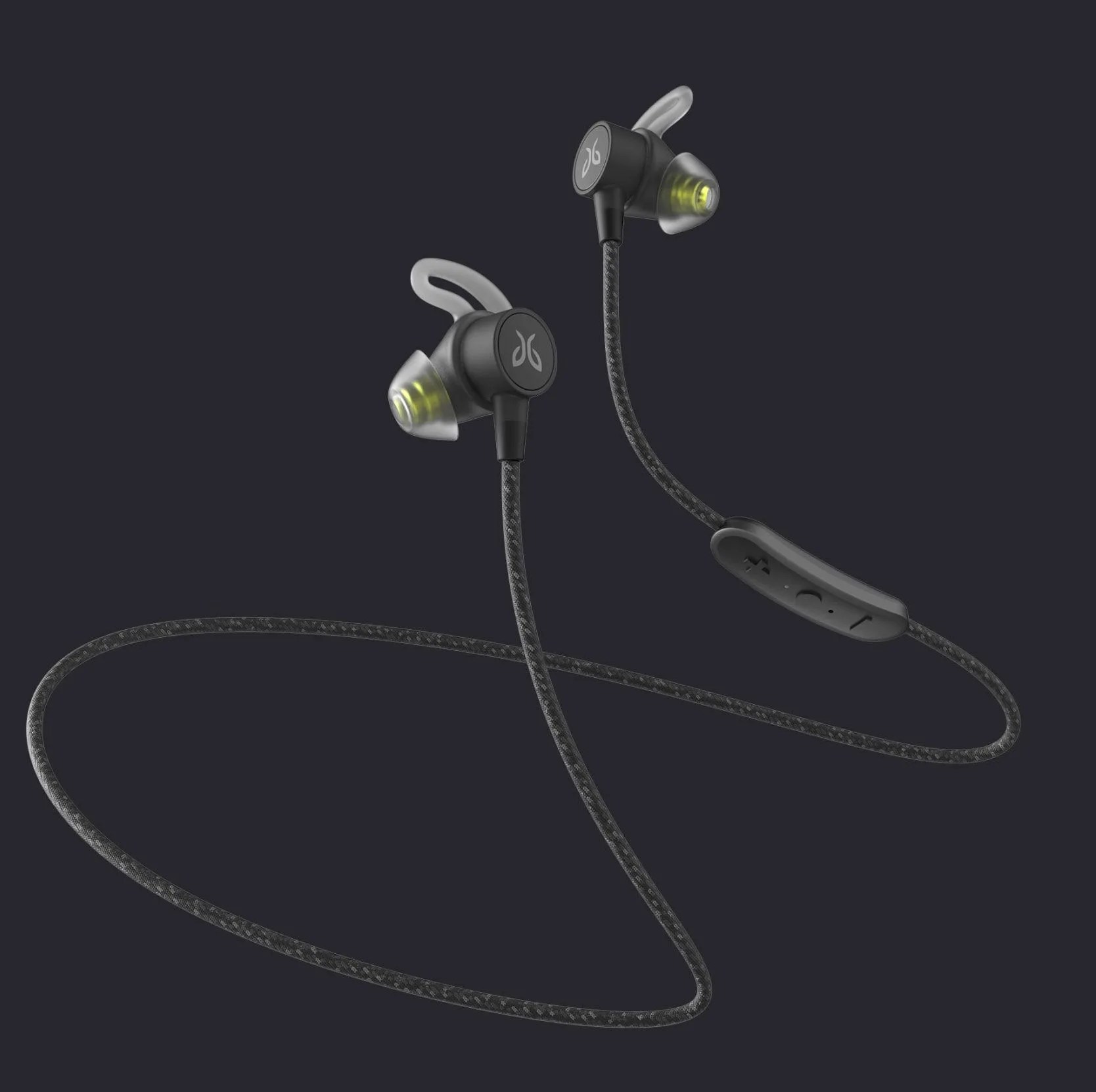 a pair of black wireless earbuds