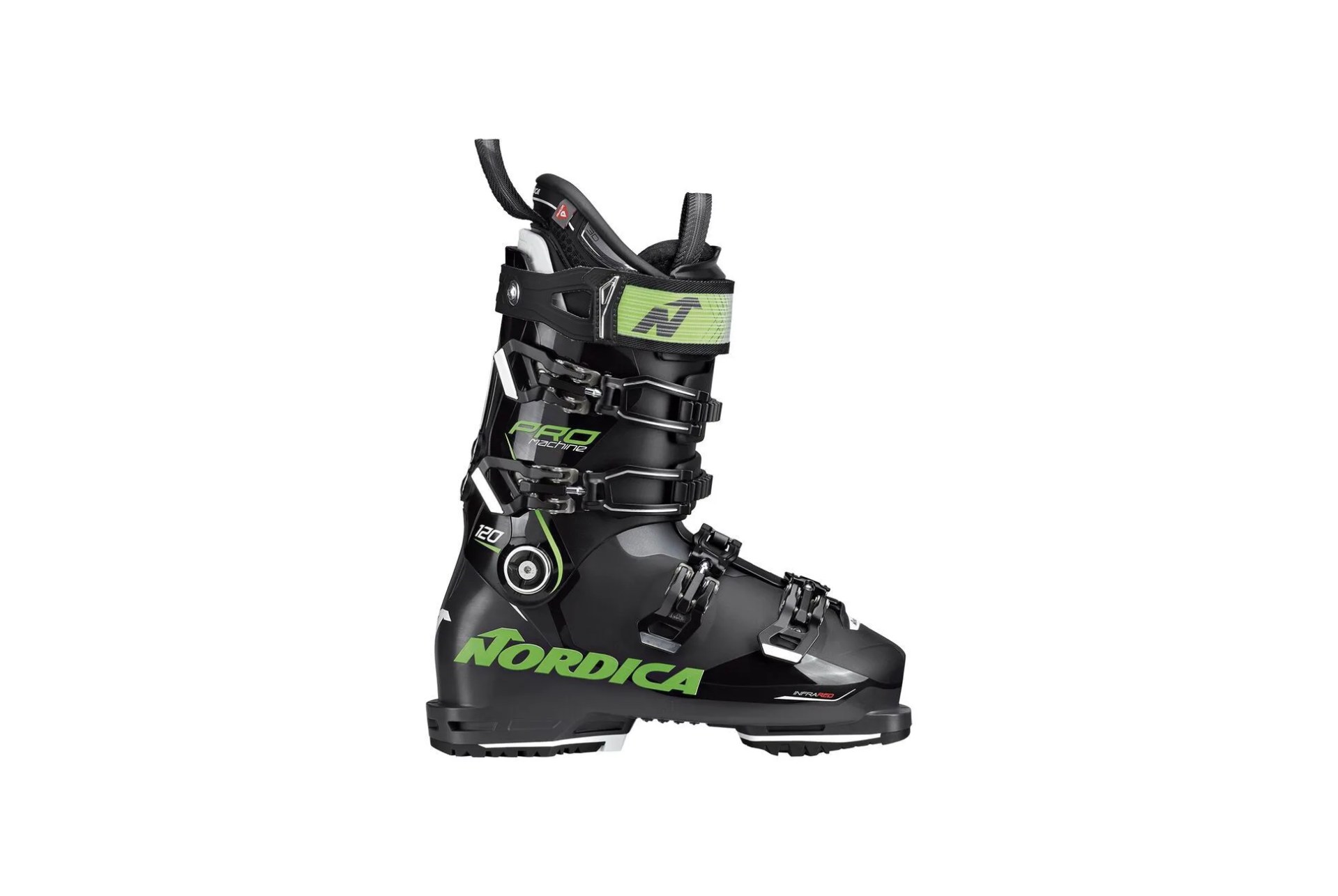 a pair of black ski boots with green accents