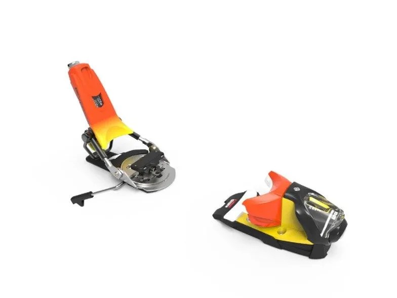 a pair of yellow and orange ski bindings