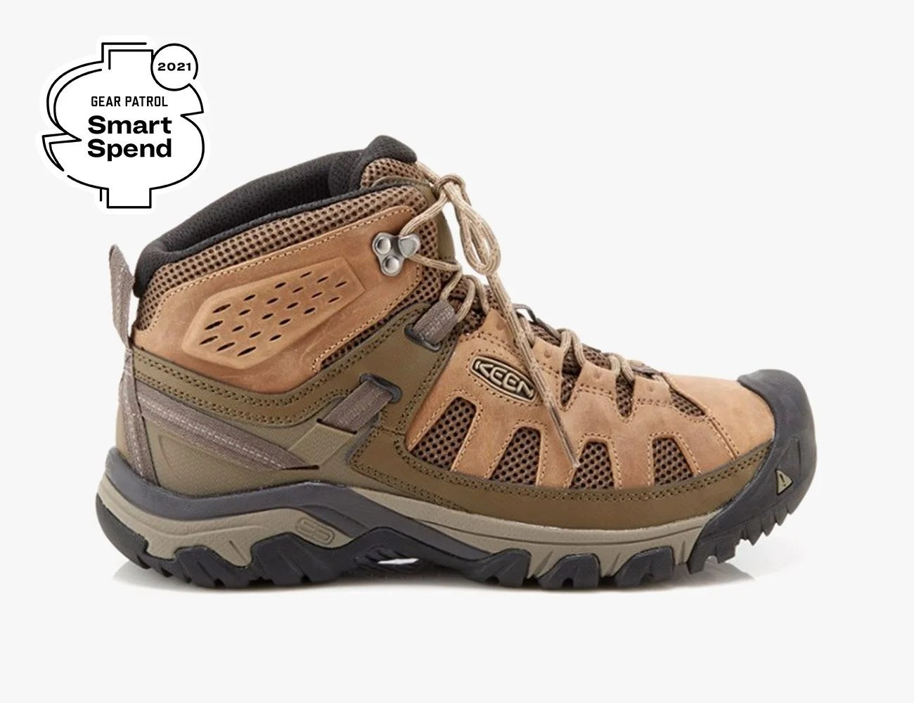a brown hiking boot with vents
