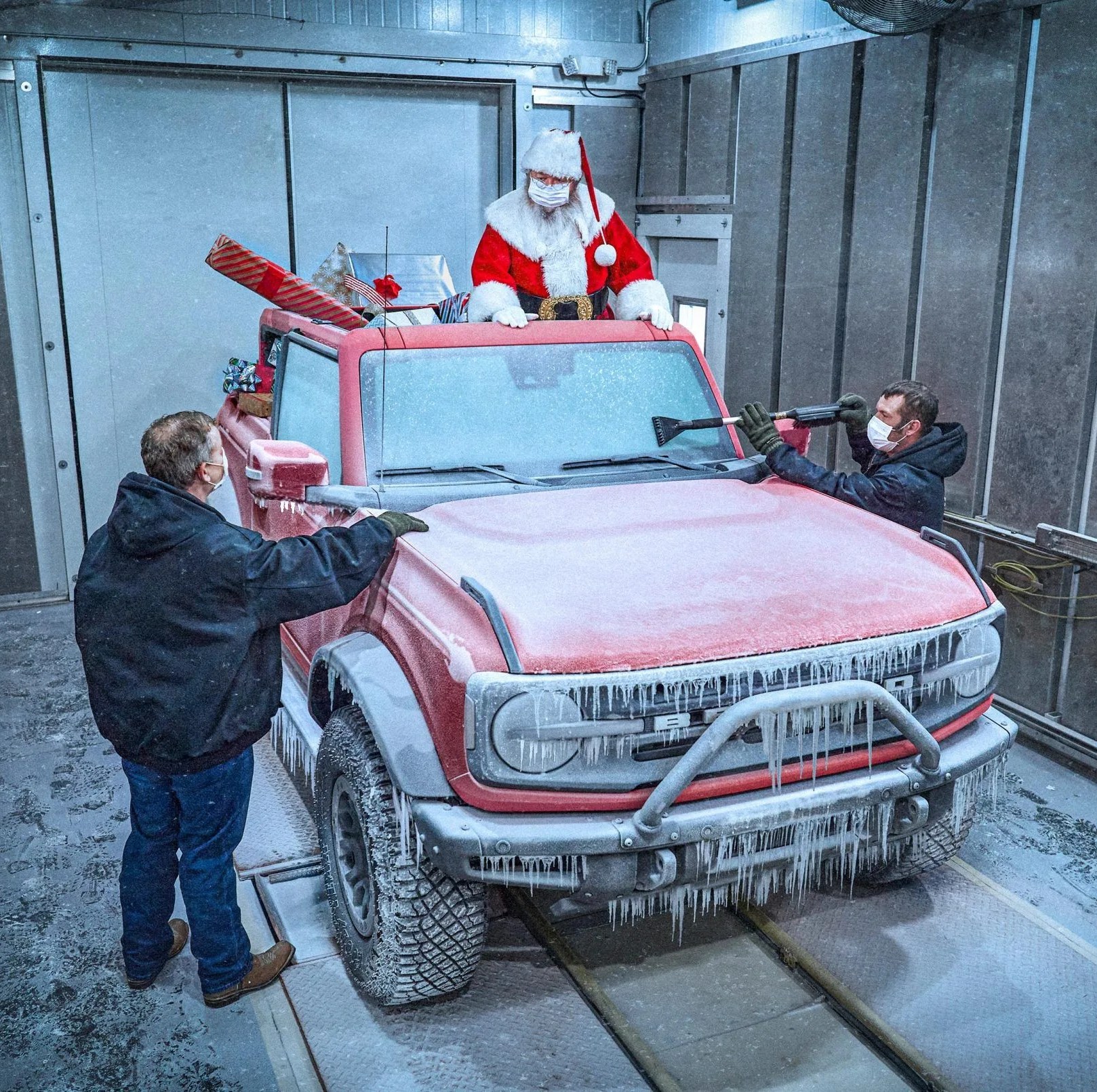 frozen ford bronco with santa