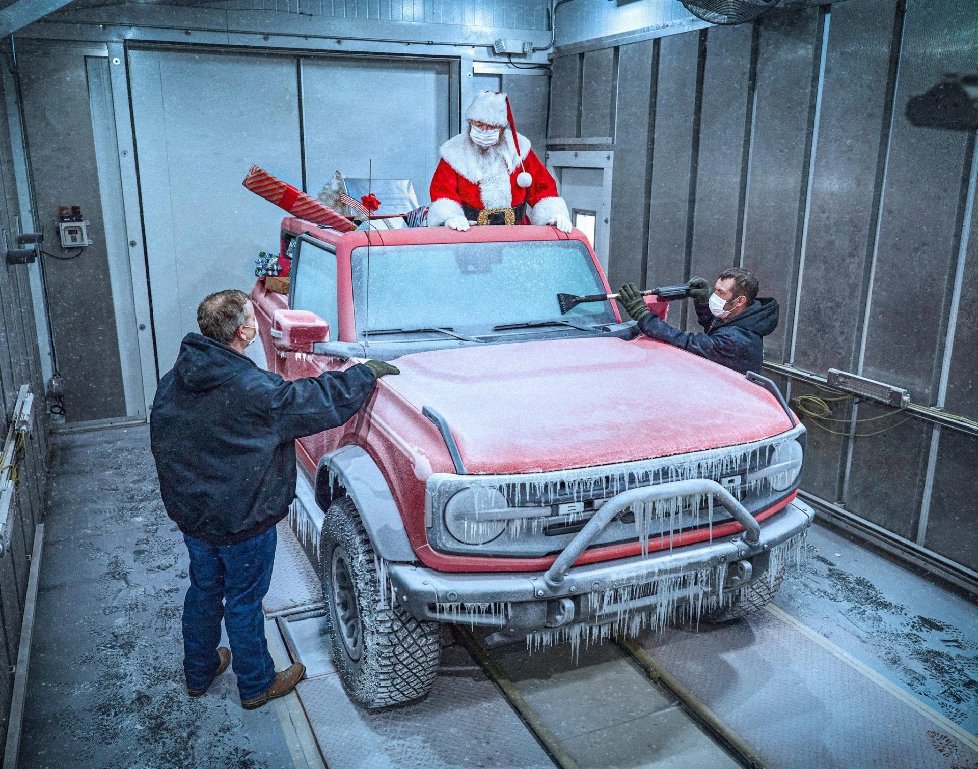 frozen ford bronco with santa