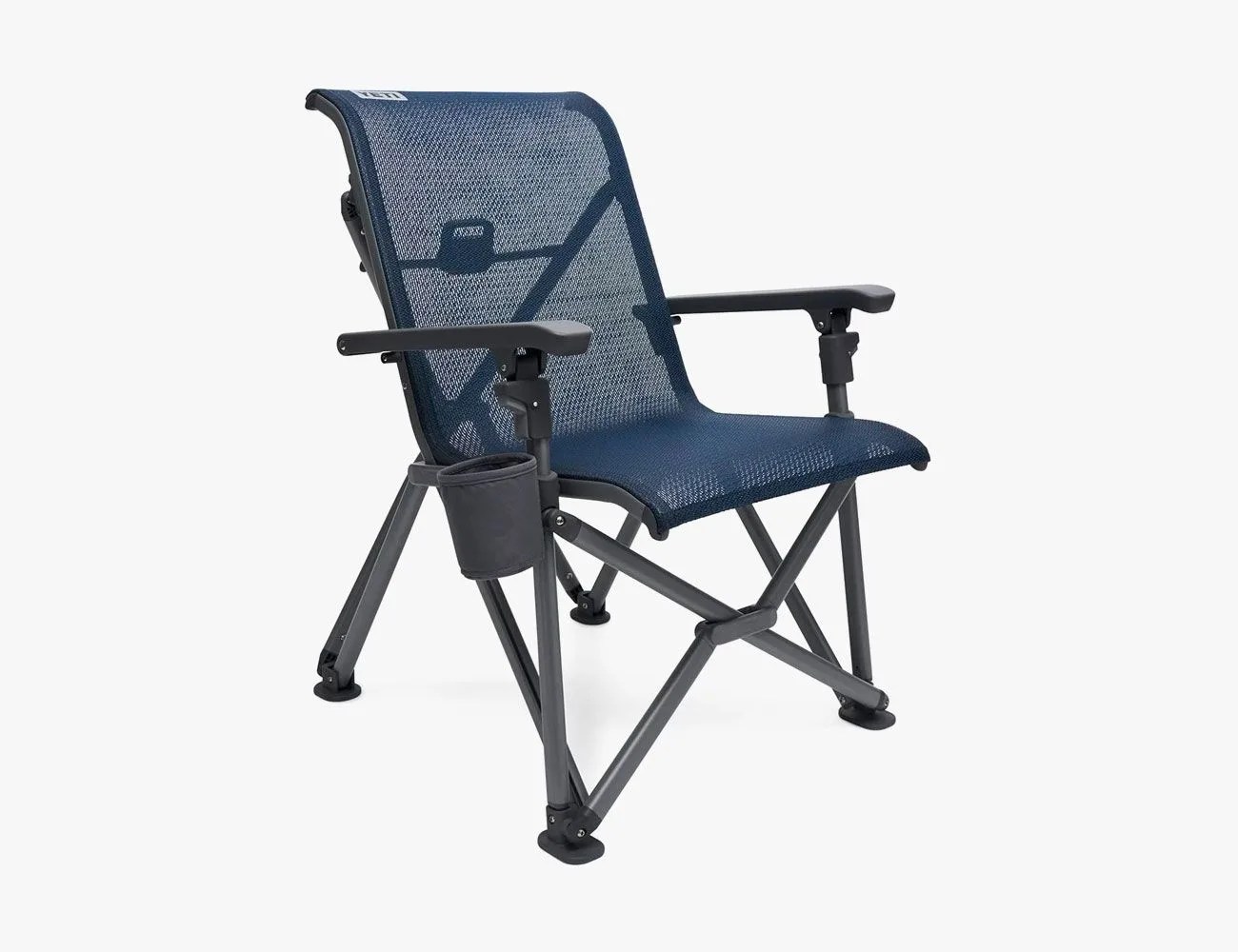 a large folding chair with a blue fabric seat