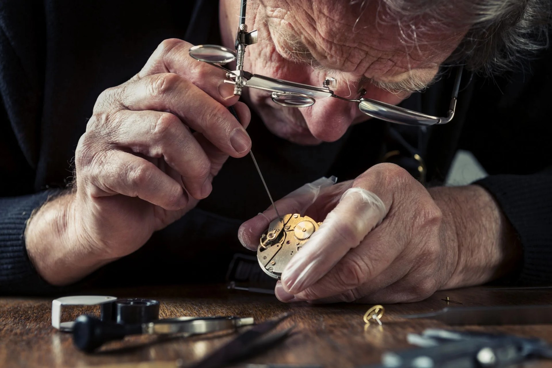 close up of a watchmaker at work