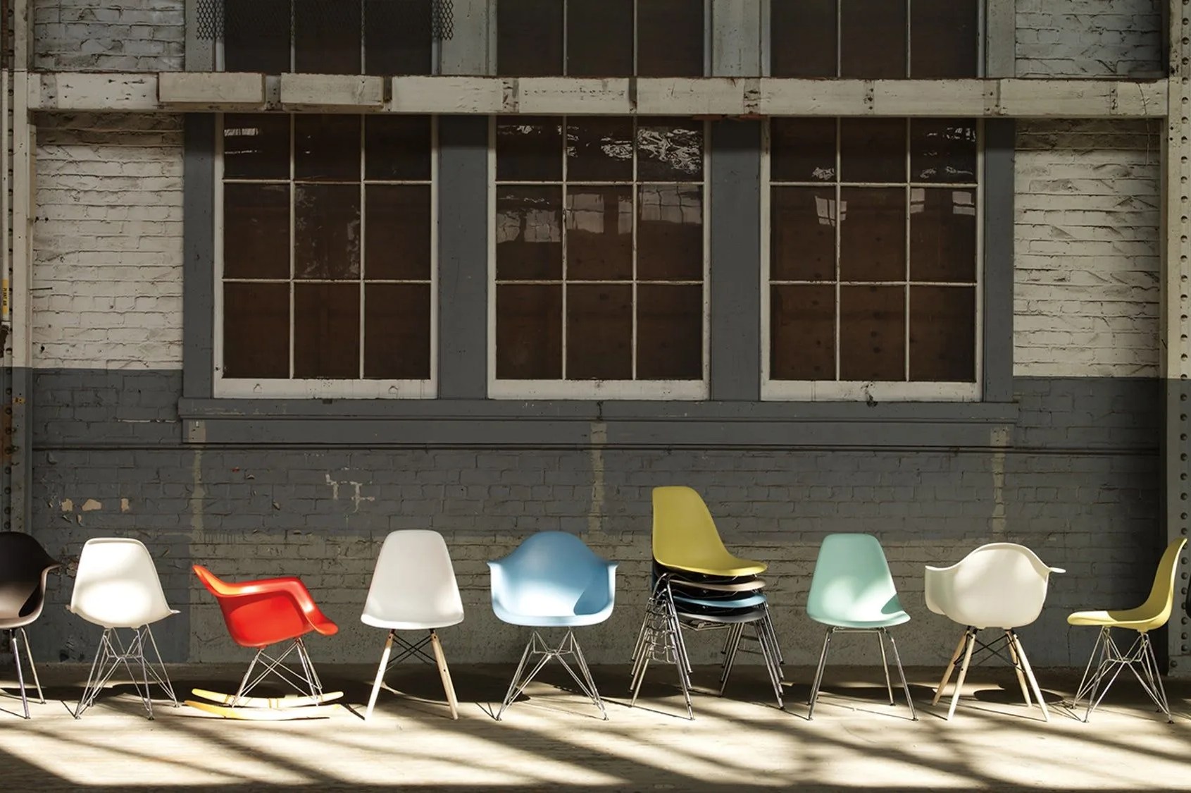 array of colorful shell chairs