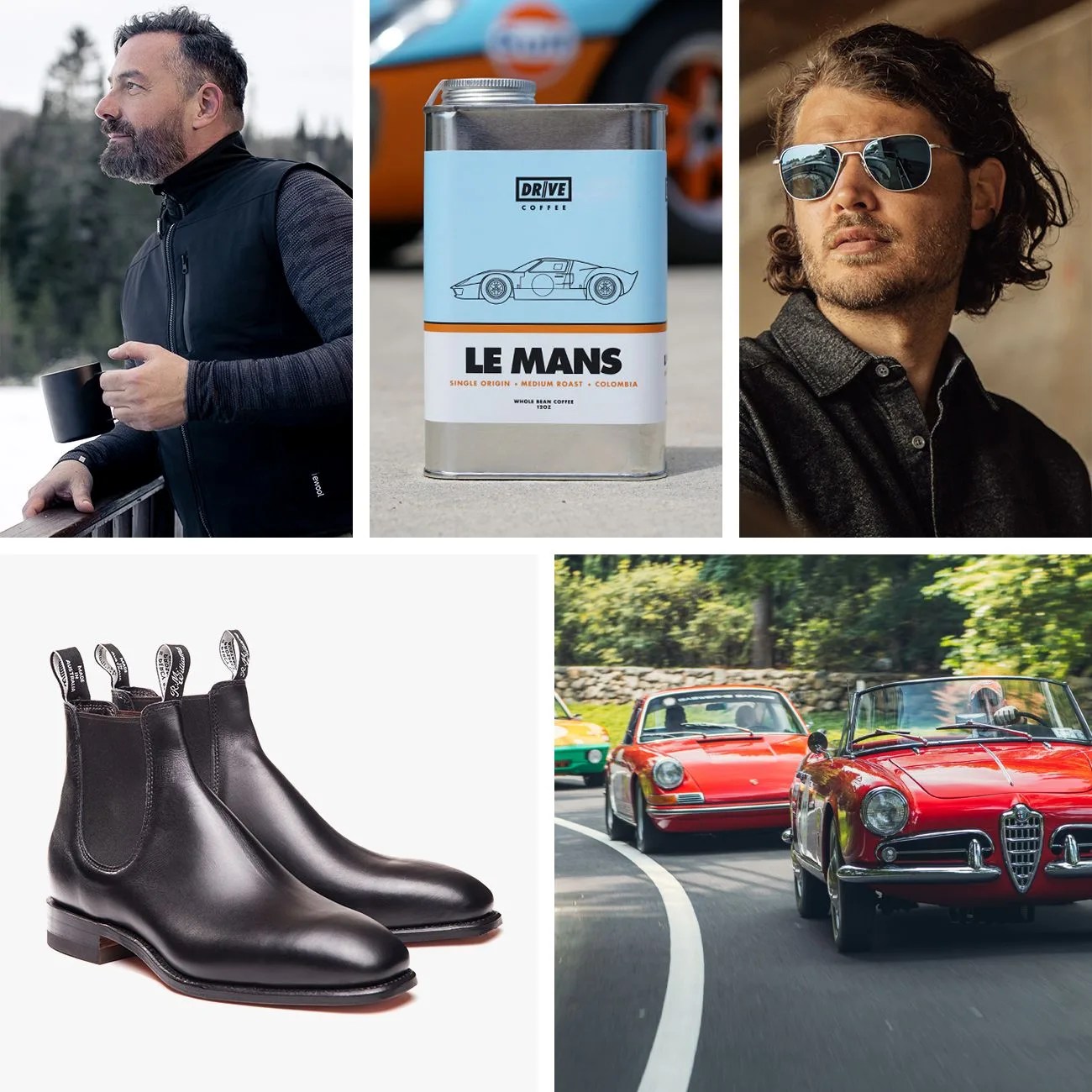 man wearing ewool heated vest, carton of drive coffee, man wearing randolph usa sunglasses, pair of rmwilliams leather boots, and an image of cars at a road track event