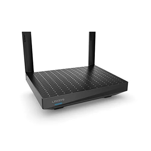 a black wifi router with two antennas