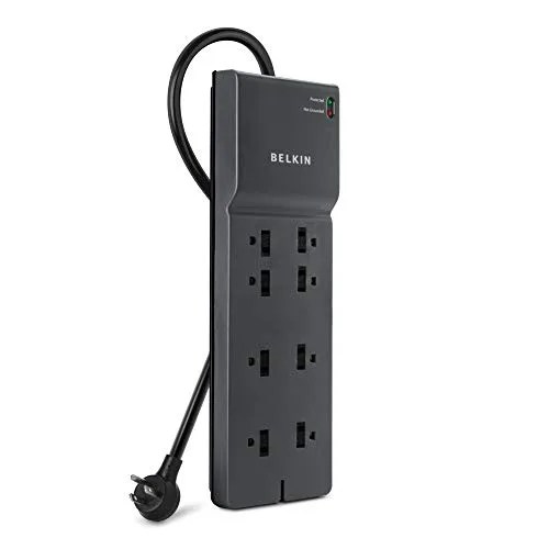 A black surge protector with 8 outlets