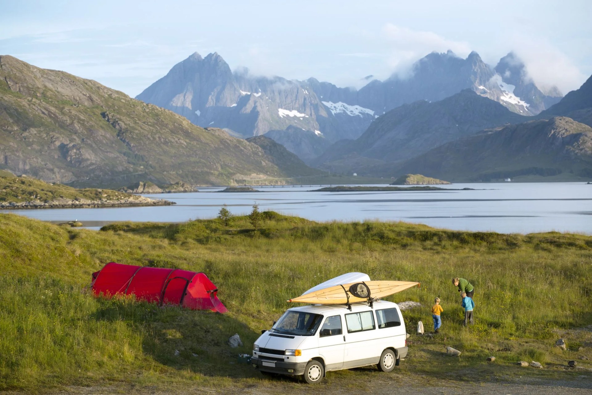 mother with children camping