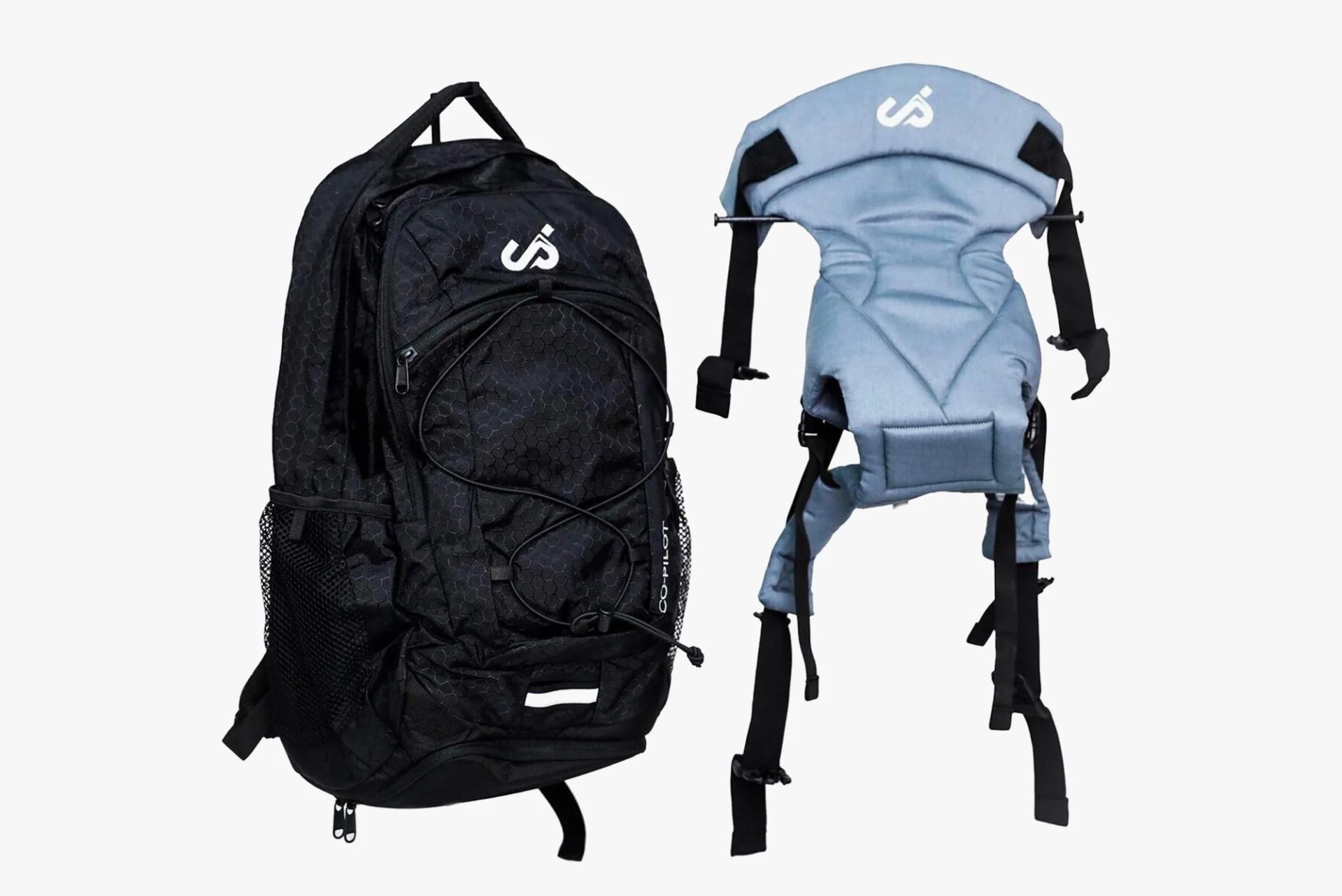 a black backpack with a baby carrier