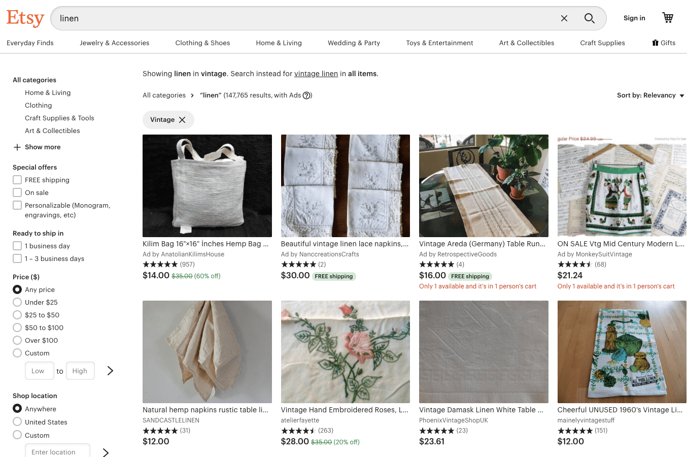 screenshot of etsy website