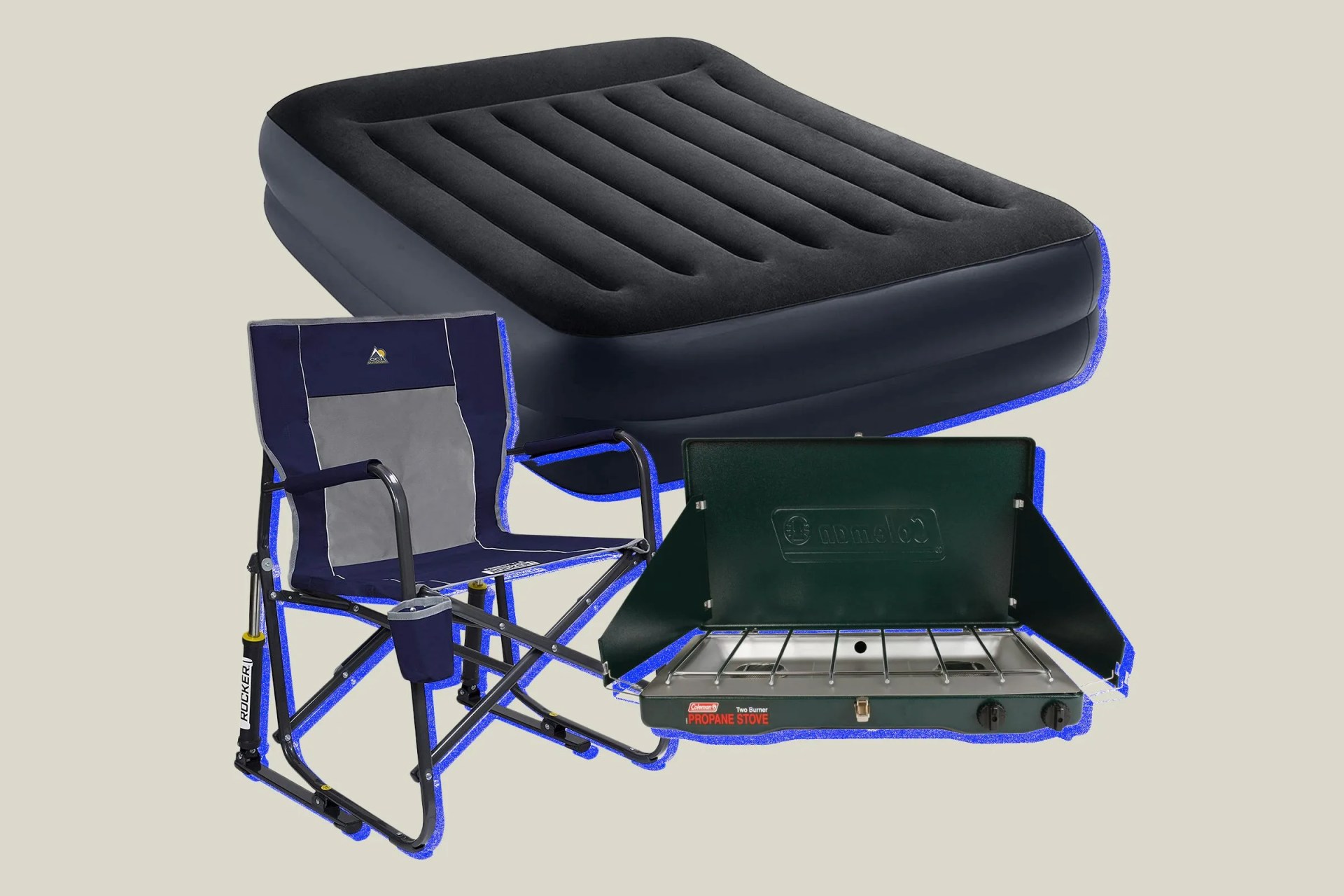 collage of a camping chair, an air mattress, and a coleman stove