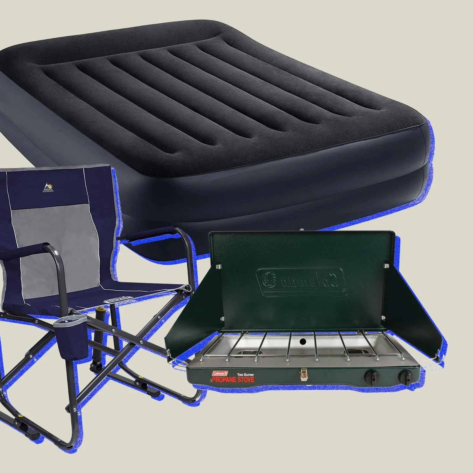 collage of a camping chair, an air mattress, and a coleman stove