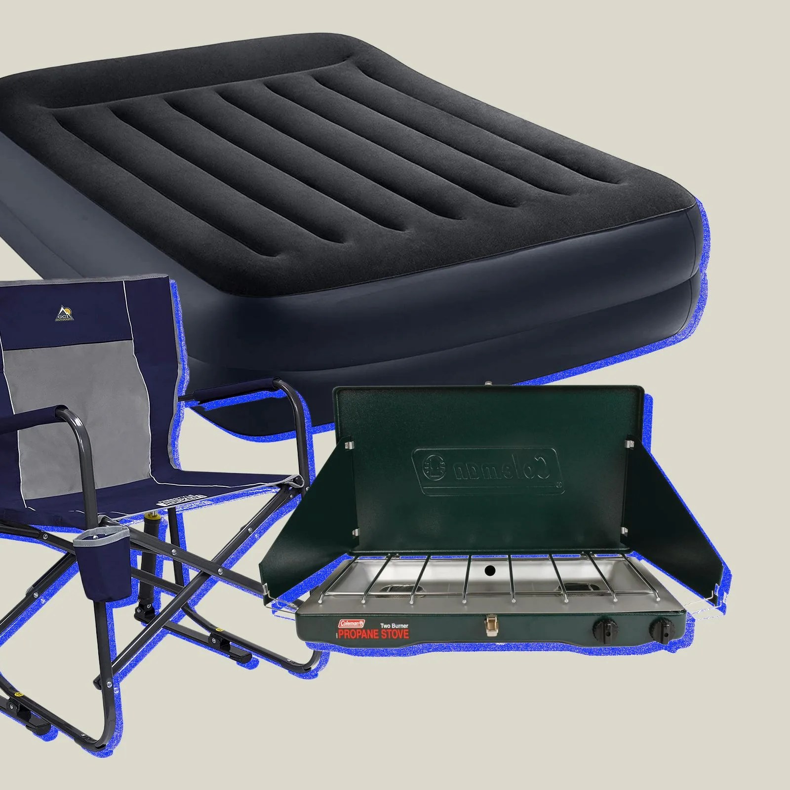 collage of a camping chair, an air mattress, and a coleman stove