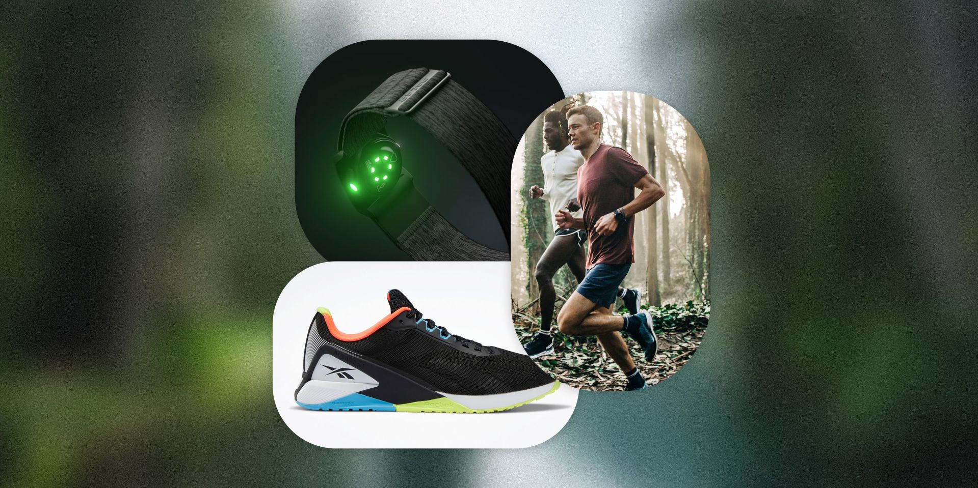 reebok nano x1, two men running wearing tracksmith x taylor stitch, polar verity sense black wristband