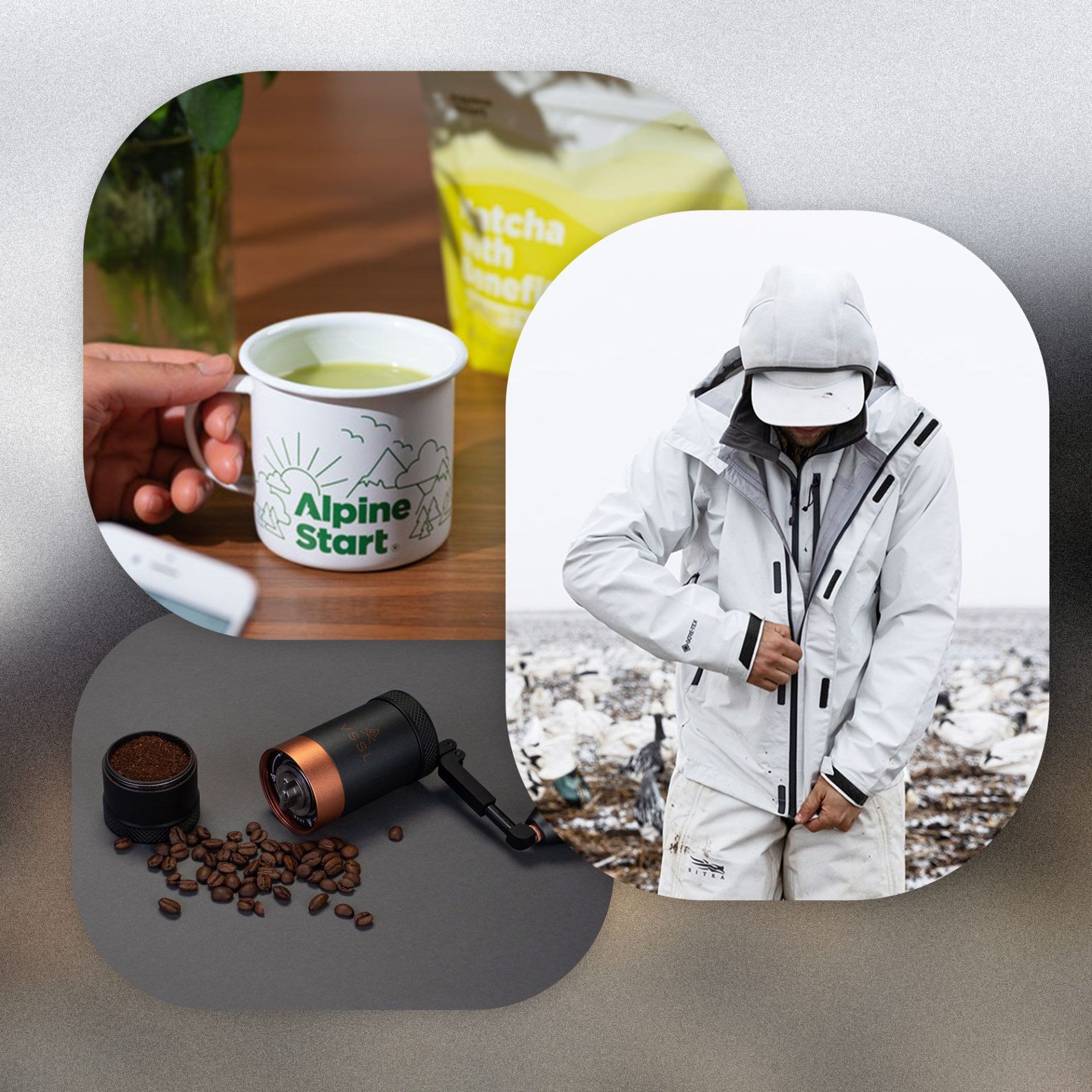 collage of vssl java coffee grinder, alpine start with benefits matcha in a mug, and sitka nodak system jacket