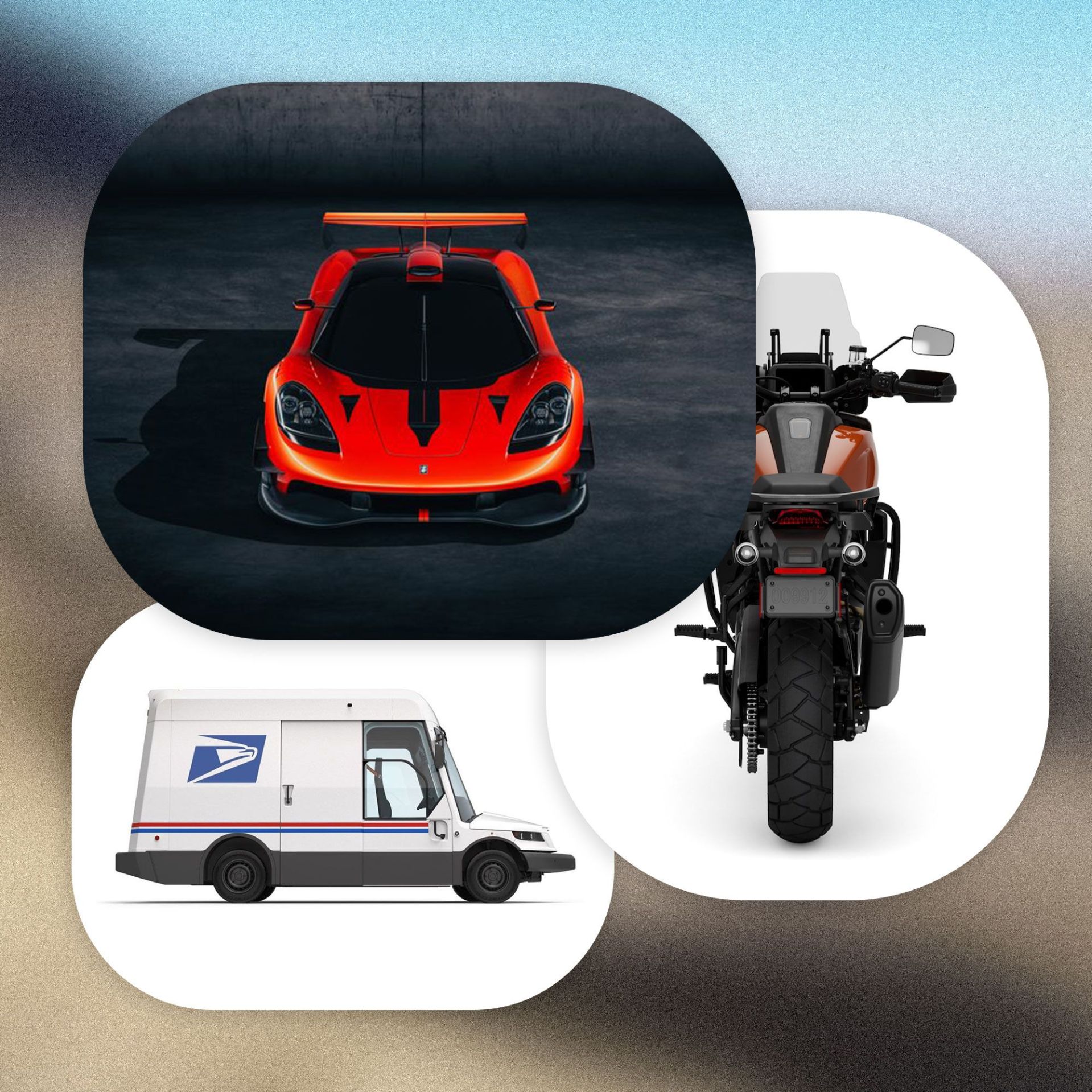 harley davidson motorcycle, usps new mail truck, and t50s niki lauda