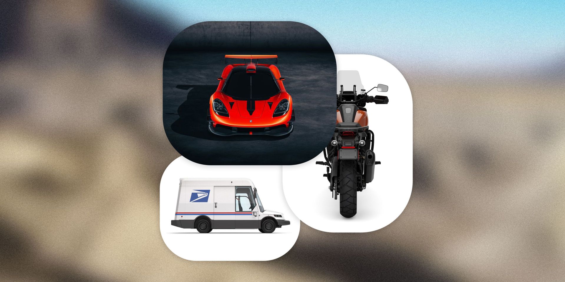harley davidson motorcycle, usps new mail truck, and t50s niki lauda