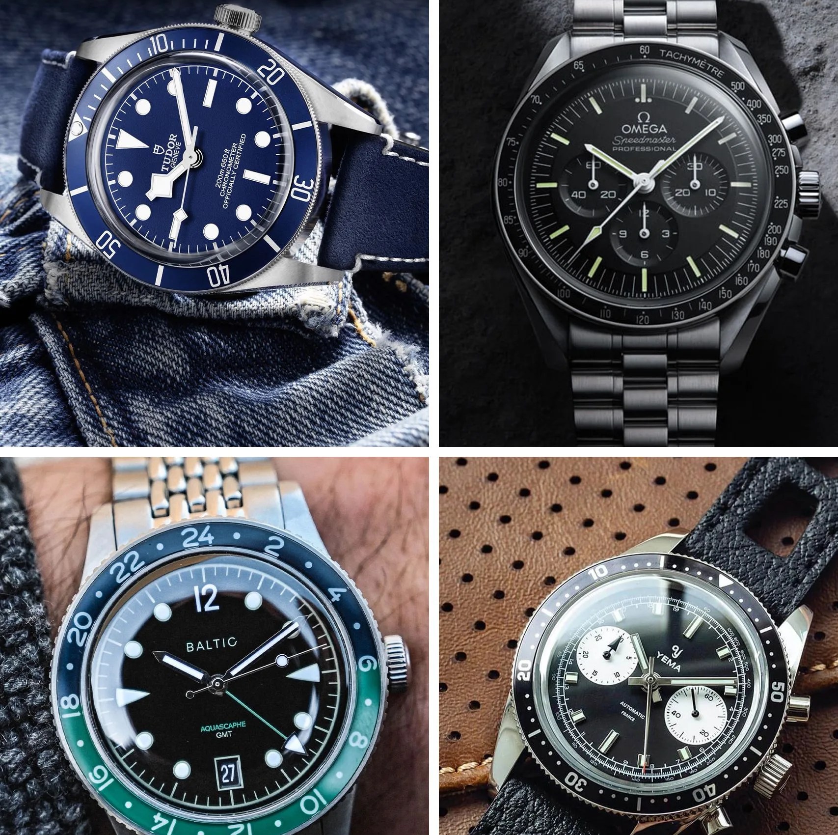 tudor black bay fifty eight, rolex submariner, breitling navitimer, baltic aquascaphe, hamilton khaki field, yema speedgraf, omega speedmaster, rolex cosmograph daytona