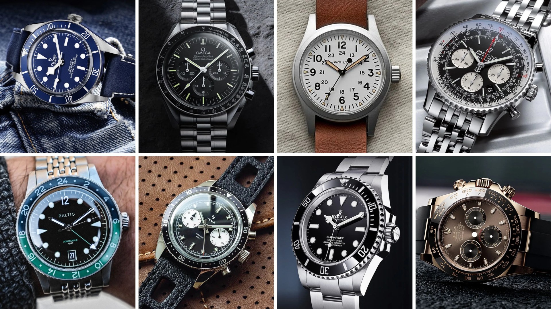 tudor black bay fifty eight, rolex submariner, breitling navitimer, baltic aquascaphe, hamilton khaki field, yema speedgraf, omega speedmaster, rolex cosmograph daytona