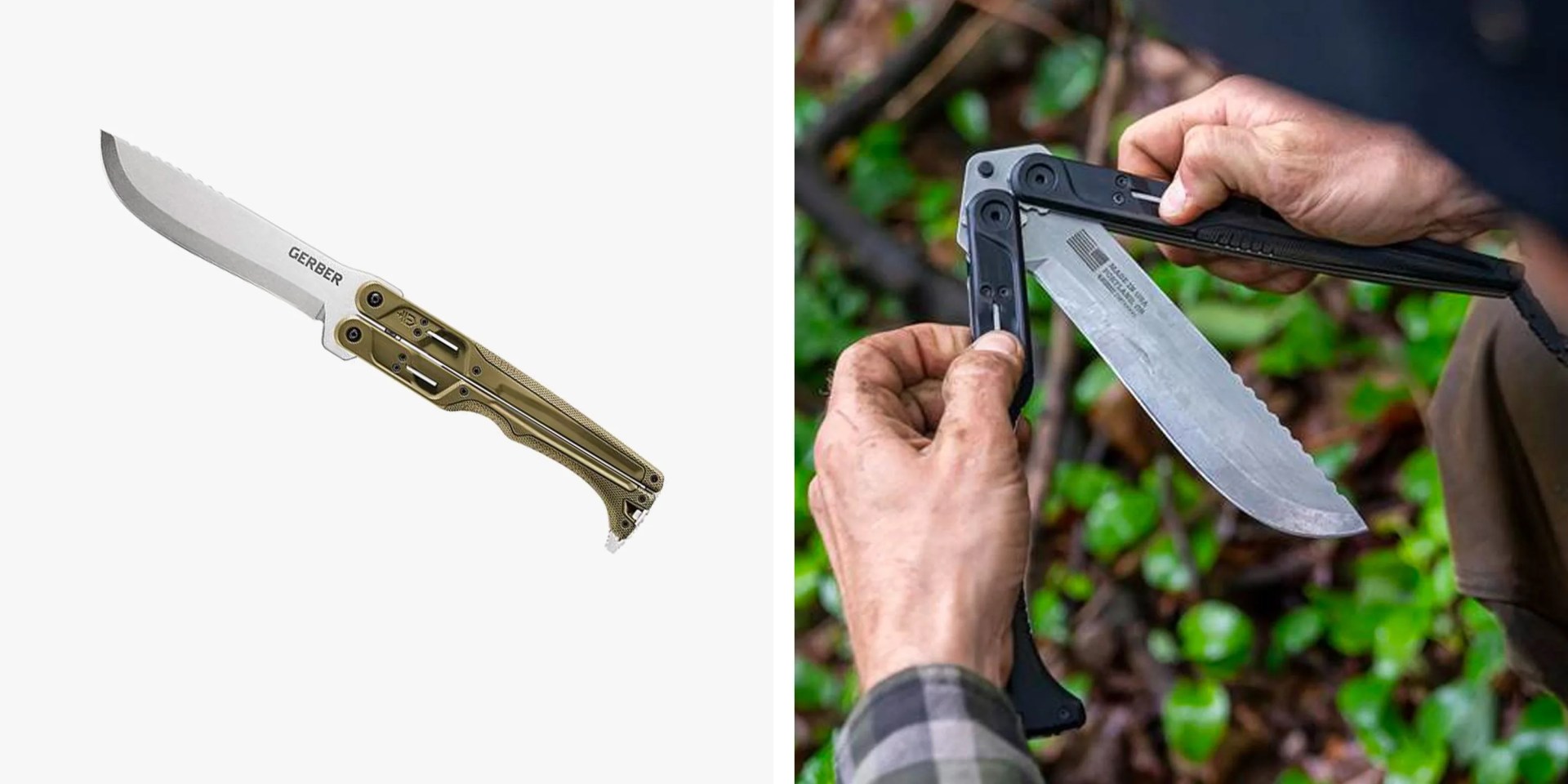 a man folding the handles of a large knife