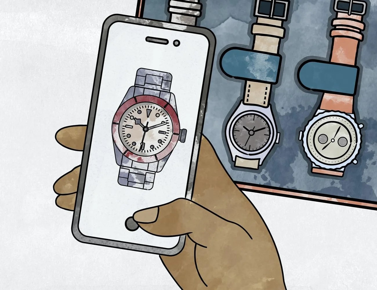 hand holding phone looking at watch collection