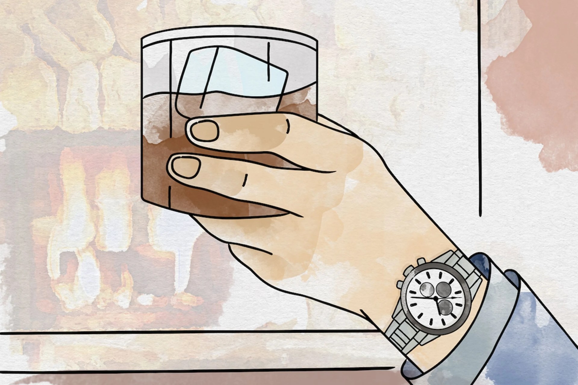 hand holding whiskey wearing hodinkee watch