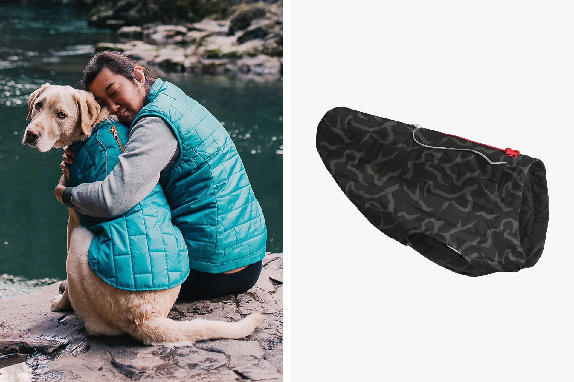 man hugging a dog wearing the kurgo quilted dog jacket