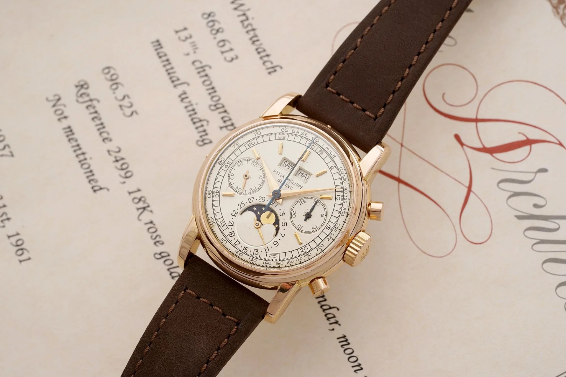 A super rare second-series 2499 in pink gold with German calendar. 