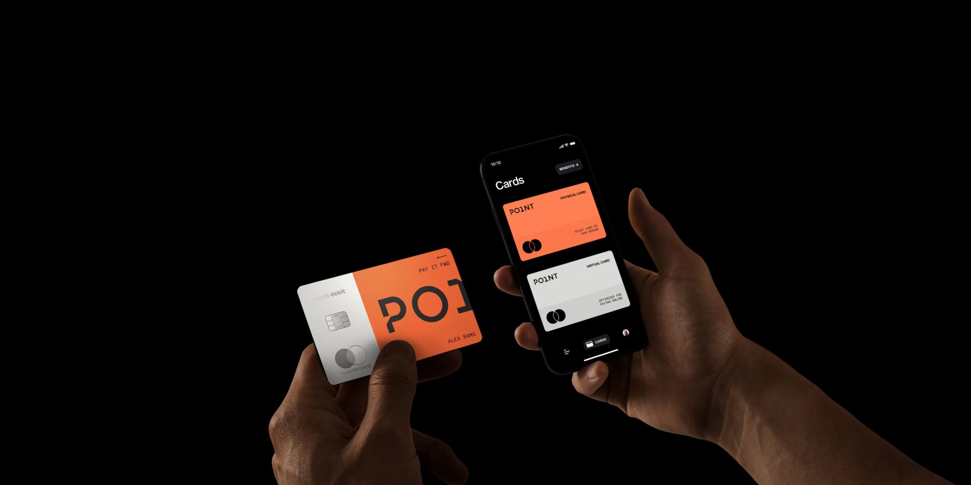 left hand holding points card and right hand holding phone using points app