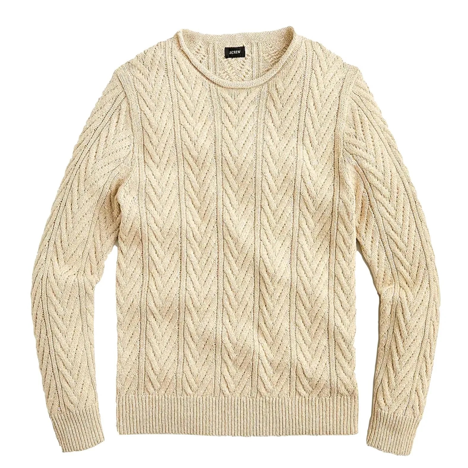 rolled trim cableknit crewneck sweater