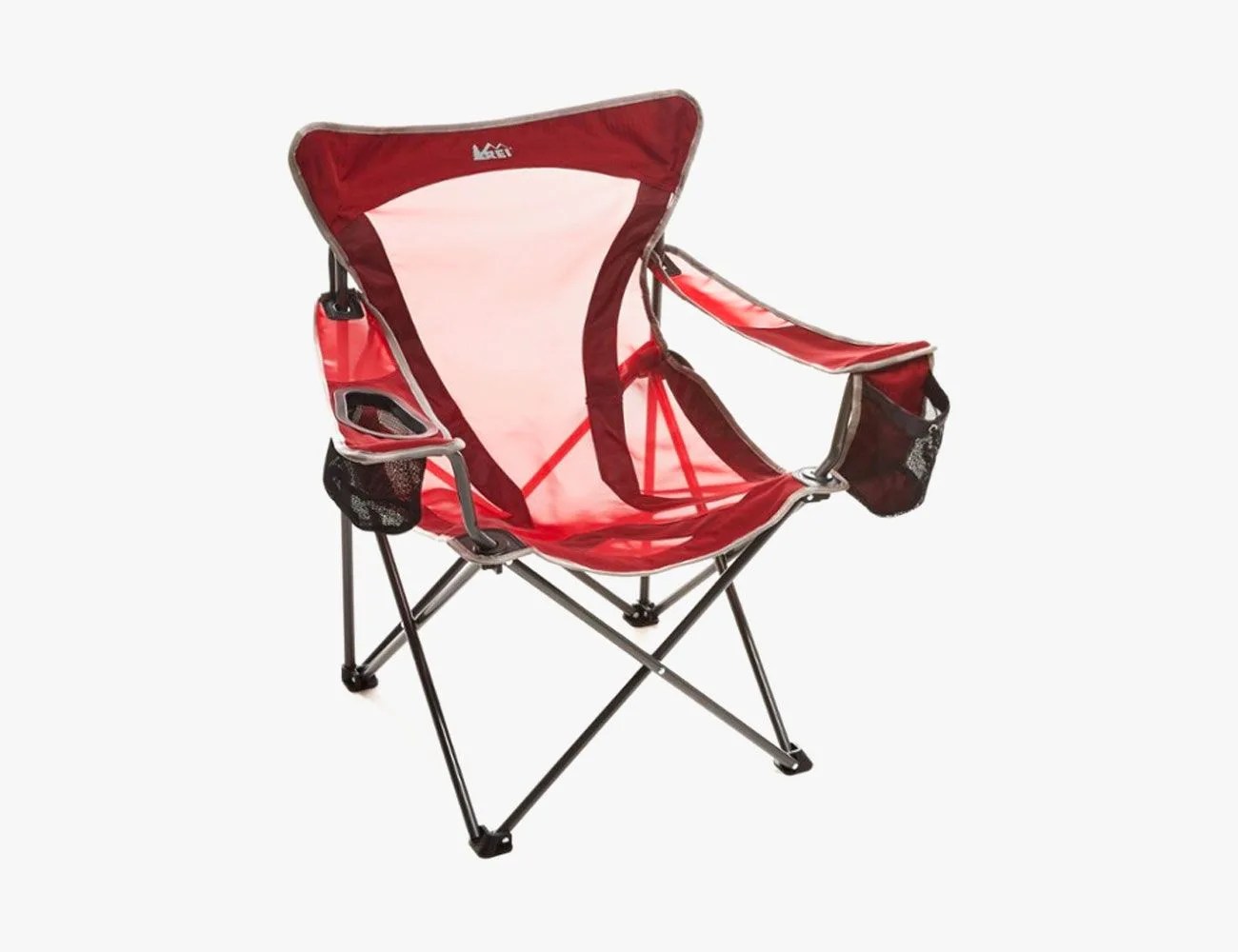 a collapsible red camping chair