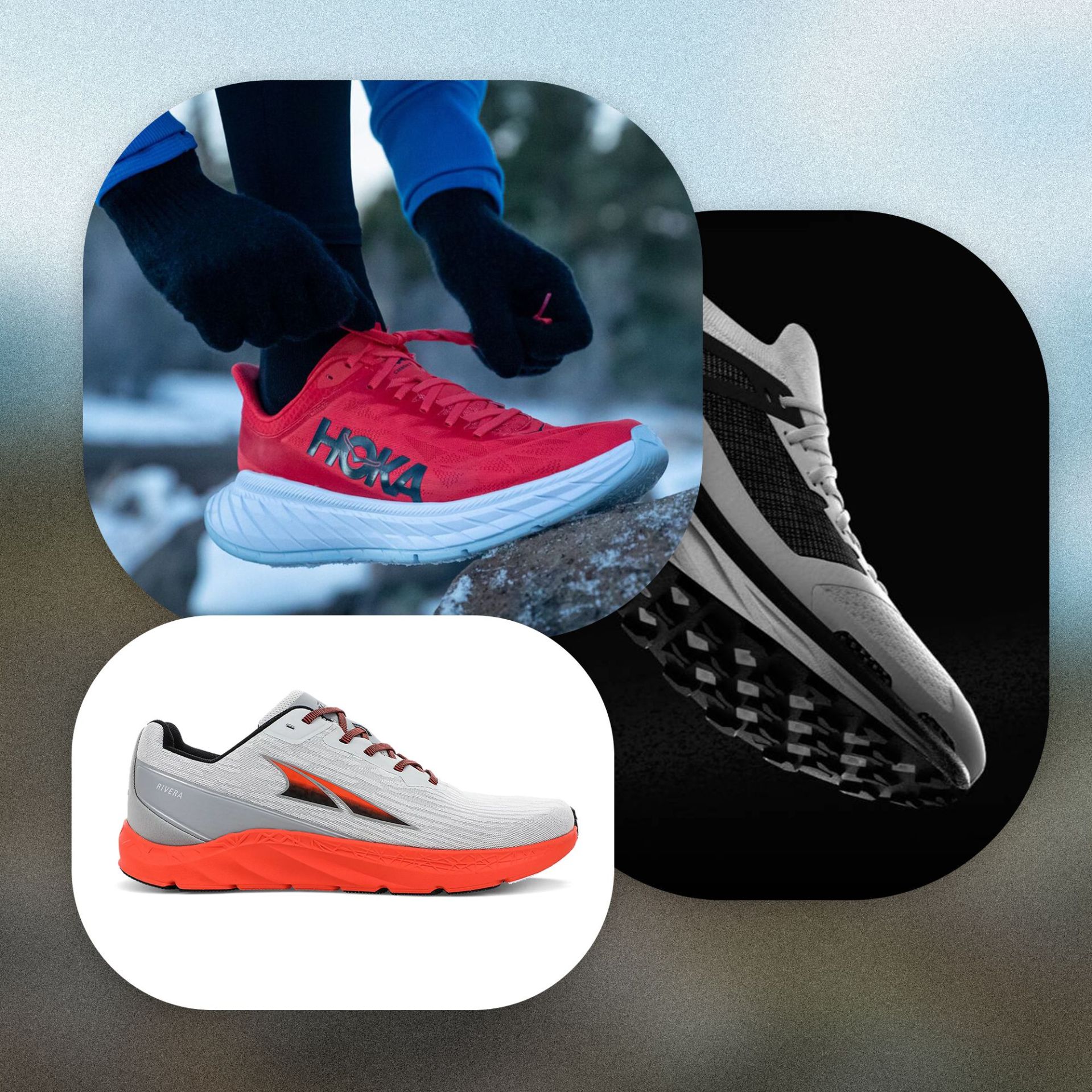 running shoes from hoka, altra, and the north face
