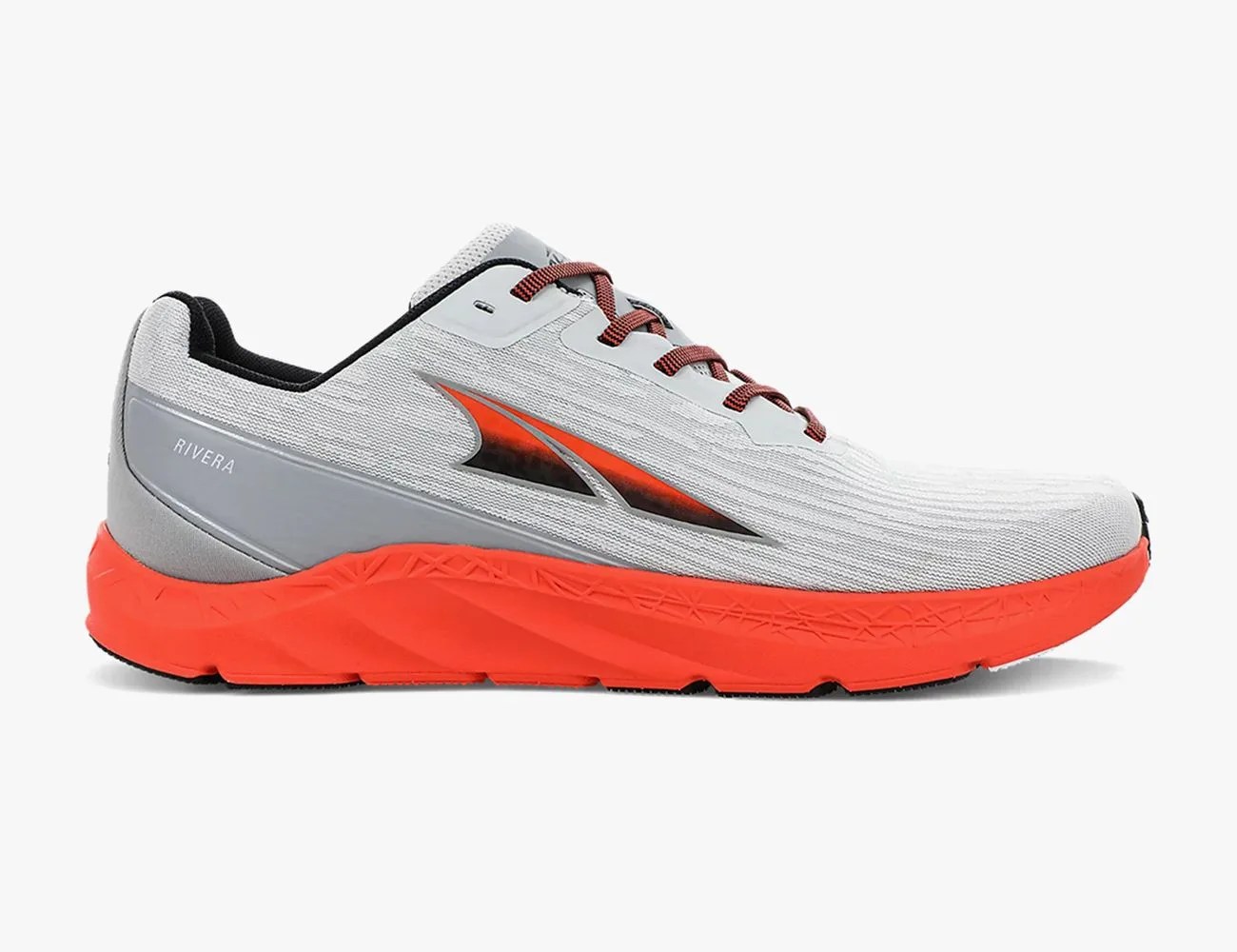 altra rivera white running shoe with orange sole