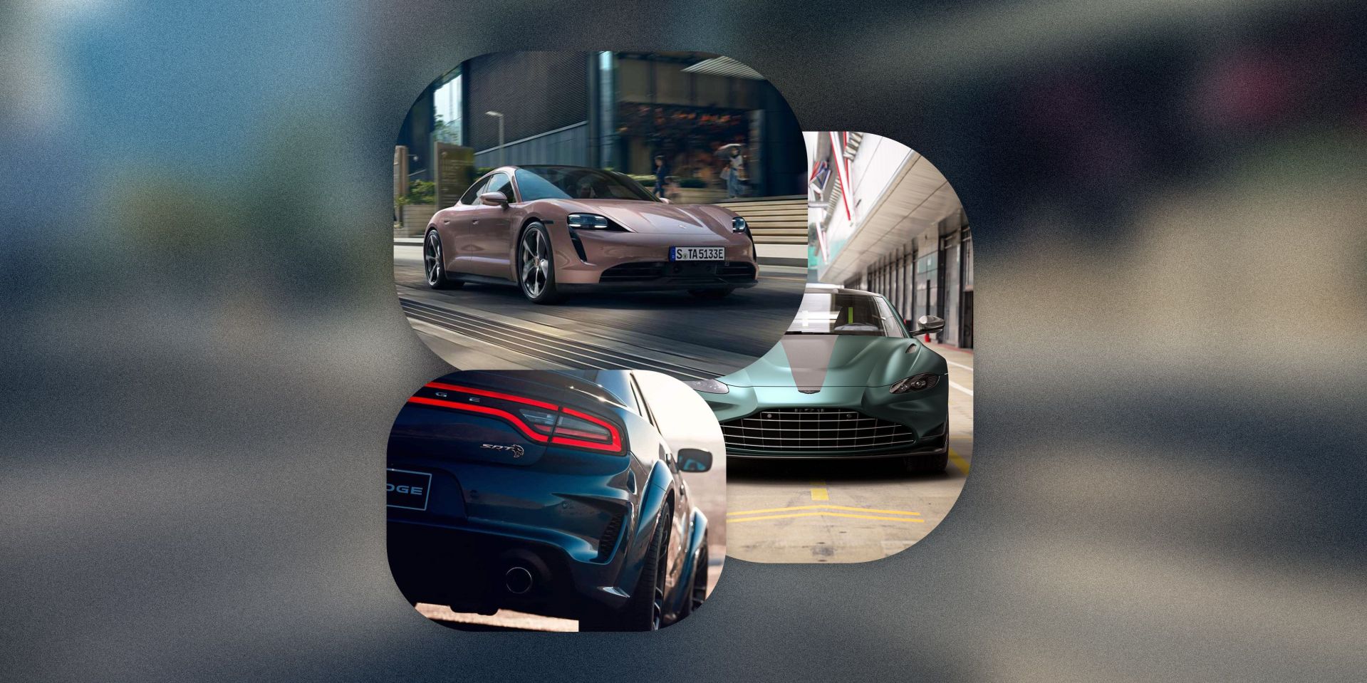 bng aston martin, dodge charger, and porsche