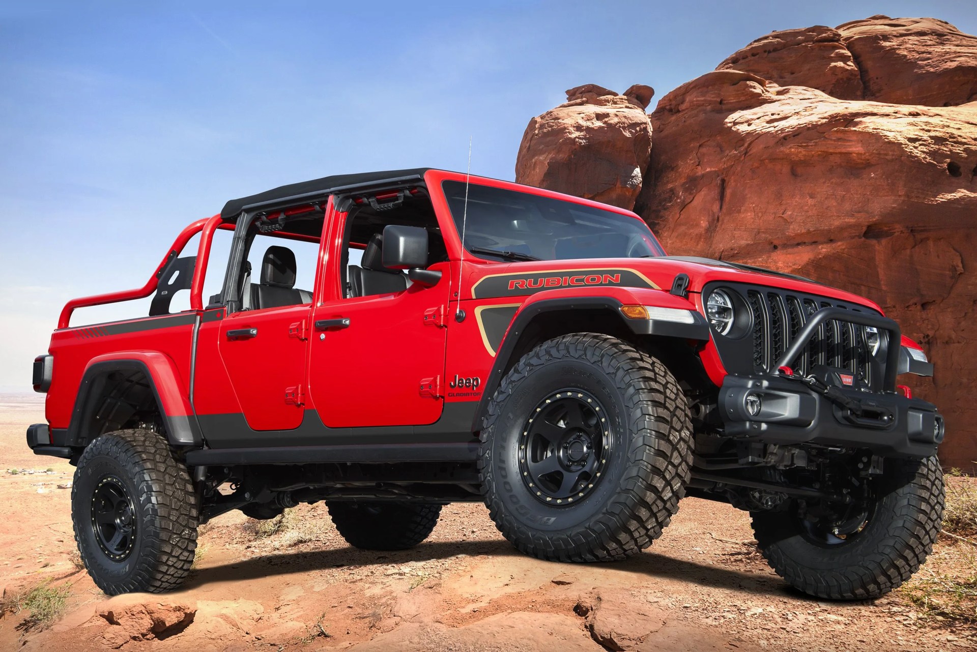 the jeep® red bare gladiator rubicon concept builds on the passion and enthusiasm of jeep suv owners who spend countless hours creating customized looks and modifications to their trusty off roading vehicle red bare is powered by the turbocharged 30 liter ecodiesel v 6 engine, rated at 260 horsepower and 442 lb ft of torque, and delivers an impressive 911 crawl ratio to tackle moab's toughest trails