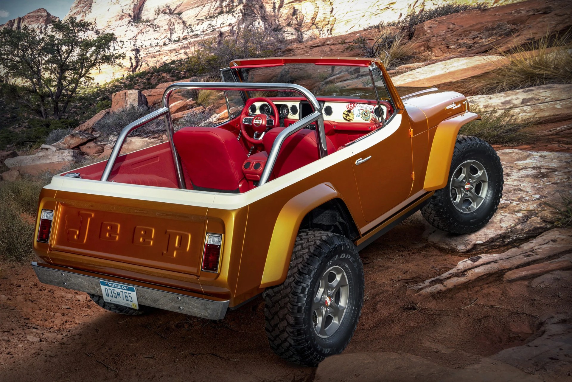 this year’s jeep® “resto mod” is a throwback to the second generation jeepster the jeepster beach concept started as a 1968 jeepster commando c 101 and was seamlessly blended with a 2020 jeep wrangler rubicon the body was modified and the exterior fuses original chrome trim with an updated, brightly colored two tone paint scheme of hazy ipa and zinc oxide while the jeepster beach maintains the outward appearance of a vintage jeepster, it commands peak performance both on  and off road delivered by the modern day jeep wrangler