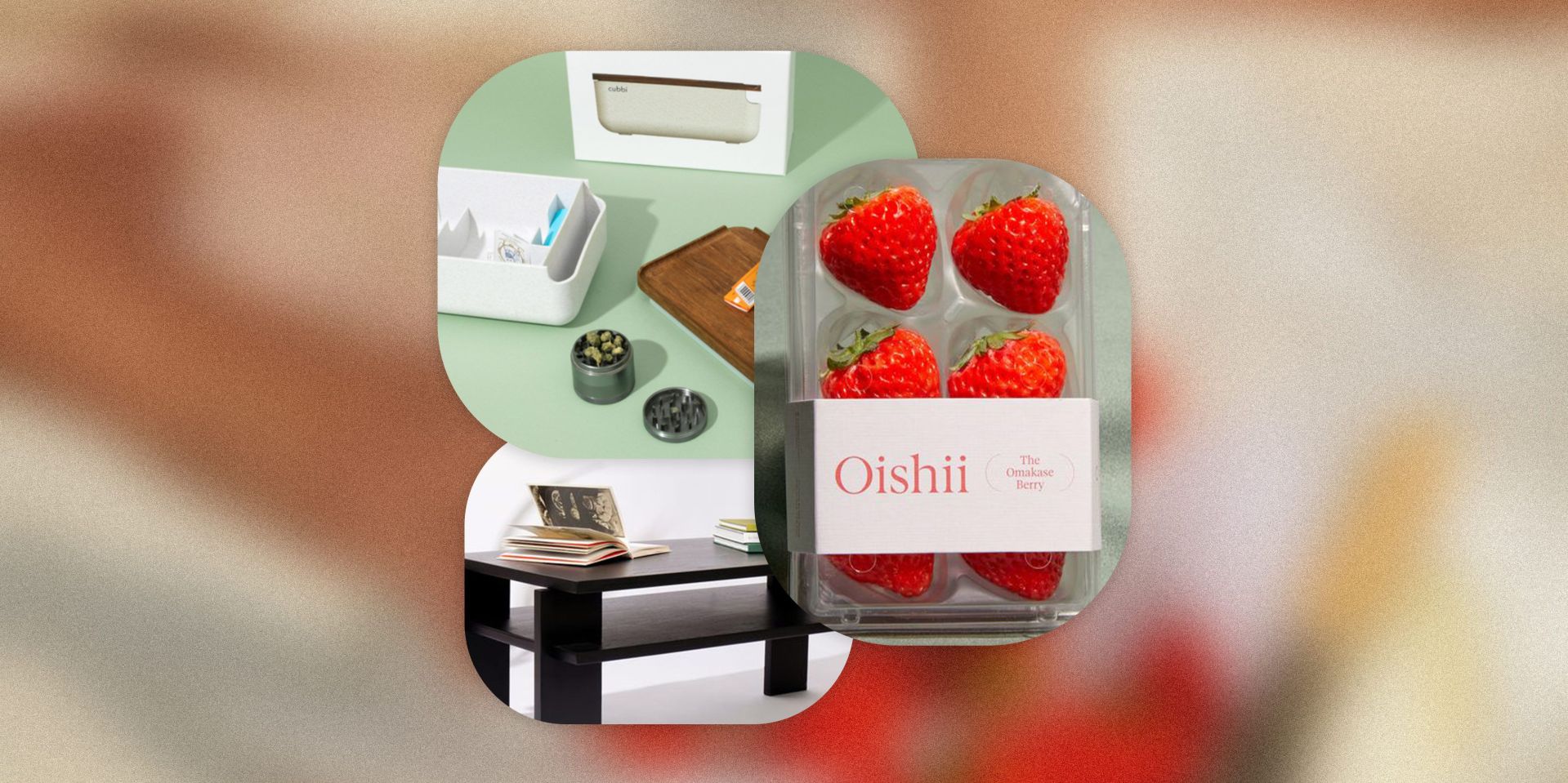 cubbi weed bento box, oishii strawberries, and russet coffee table