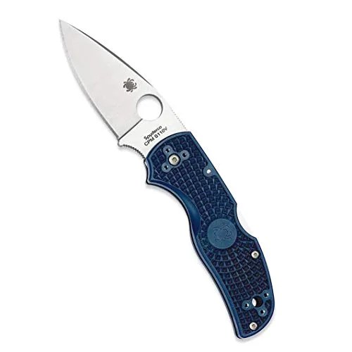 a folding knife with a blue handle