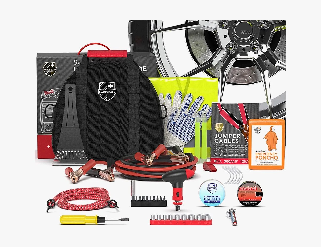 swiss safe 2 in 1 emergency roadside car assistance with premium first aid kit