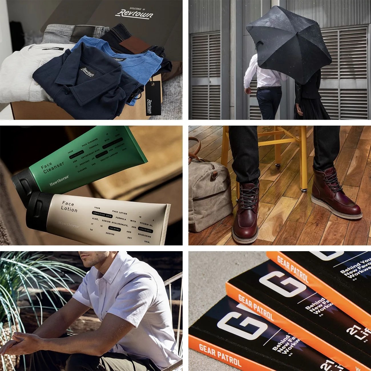 collage showing a stack of gear patrol magazine issue fourteen man carrying a blunt umbrella stack of revtown denim and shirts hawthorne stack of lotion, milwaukee boot co boots and man wearing olivers apparel shirt