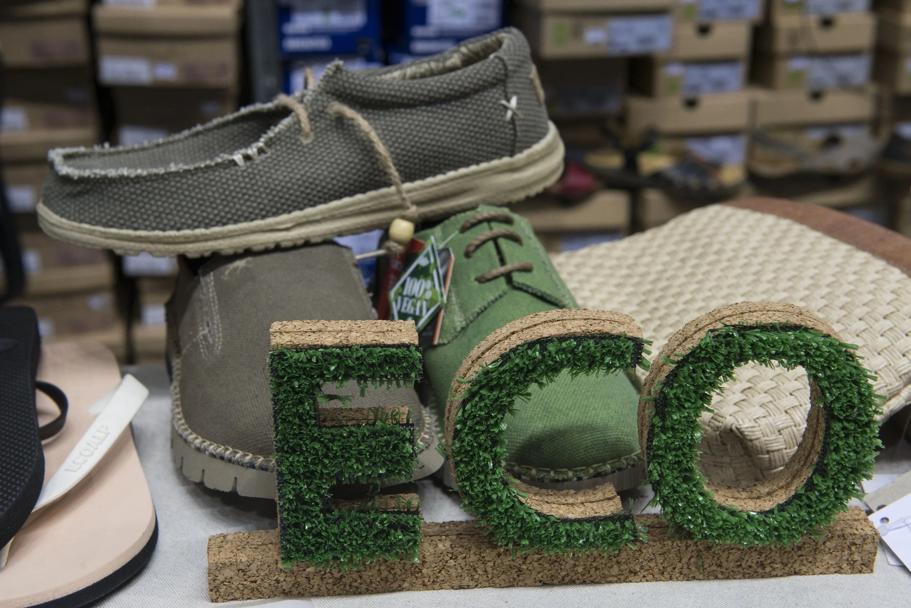 detail of shoes made with vegetable fibers during the vegan
