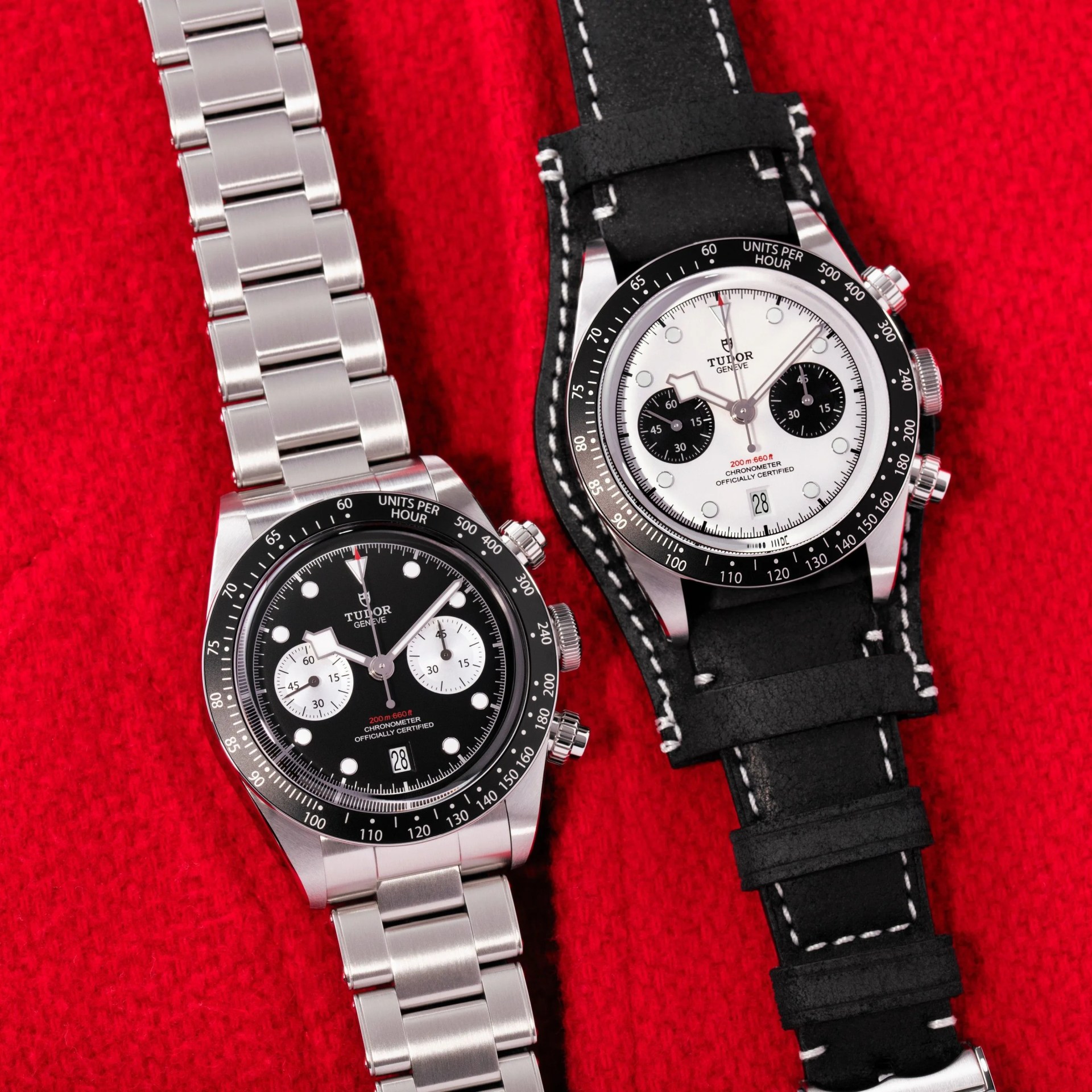 black and white watches on red background