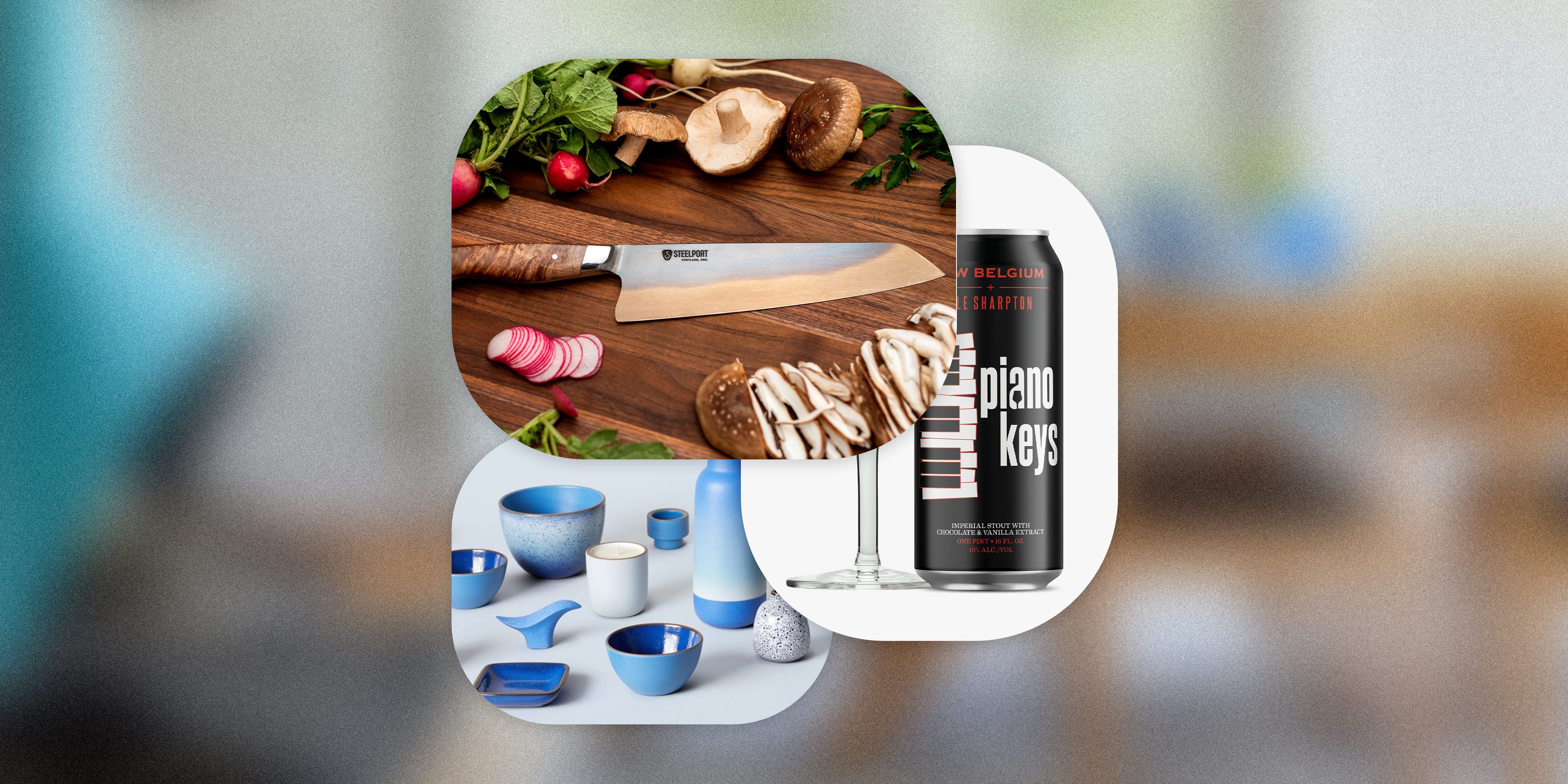 window shopping knife, beer, ceramic bowls