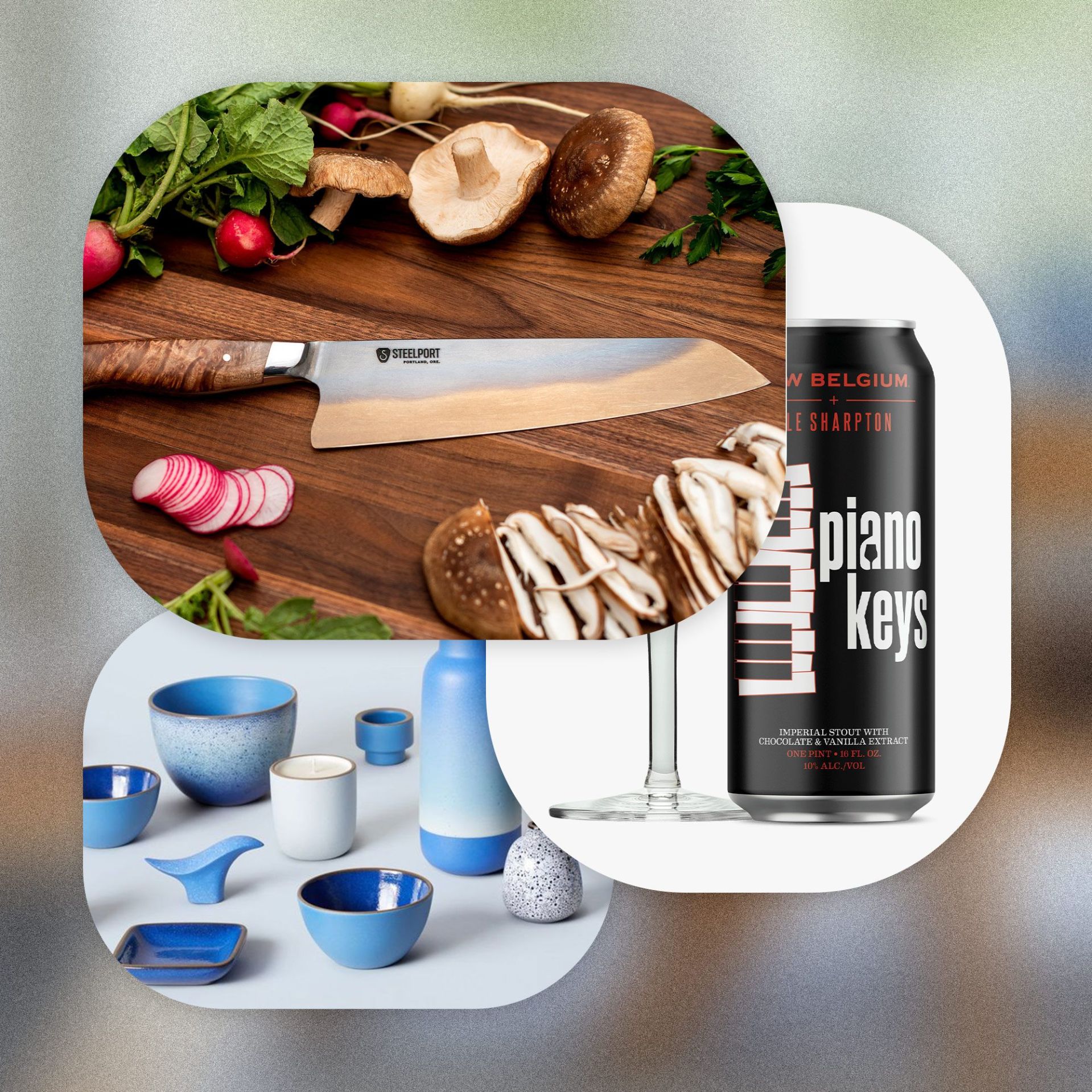 window shopping knife, beer, ceramic bowls