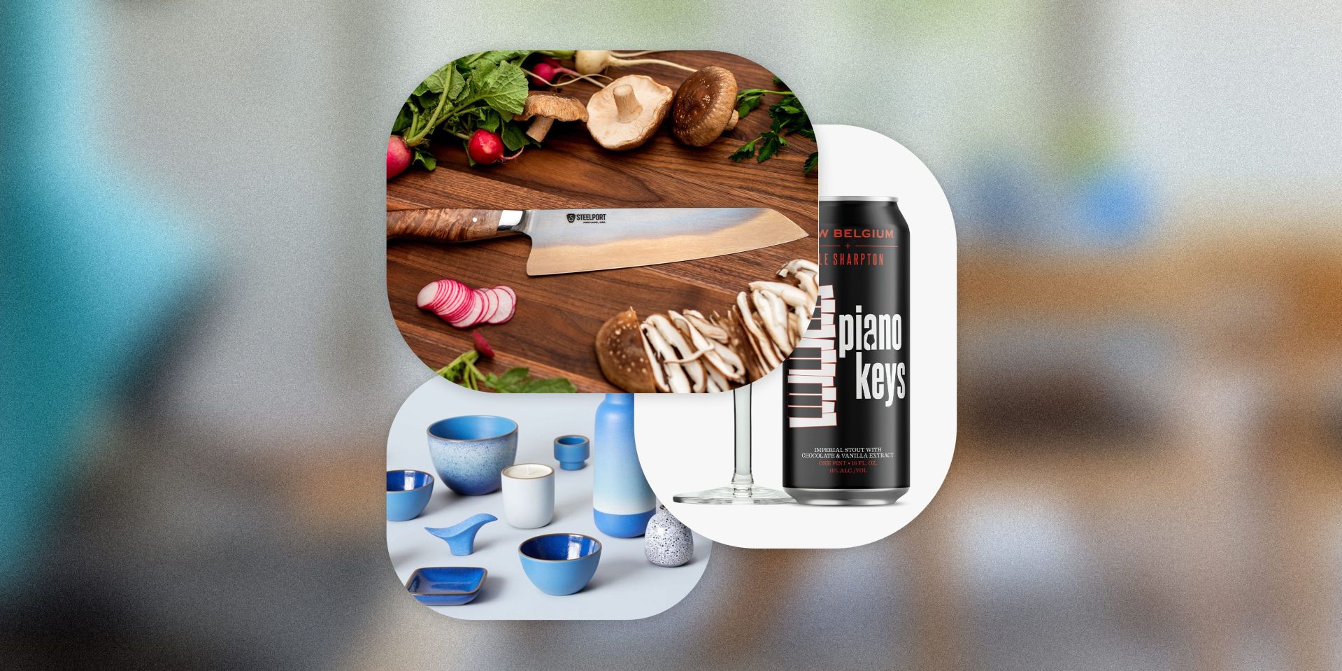 window shopping knife, beer, ceramic bowls